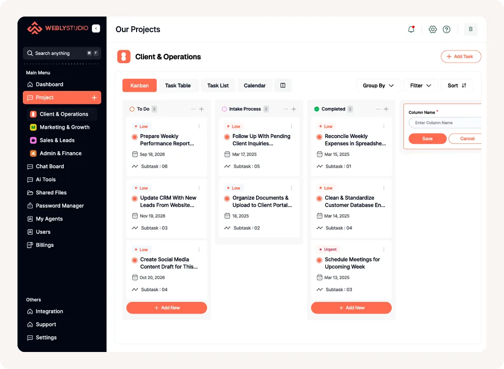 The Webly Studio dashboard showing a projects board, team chat, AI tools, shared files, and billing in one place